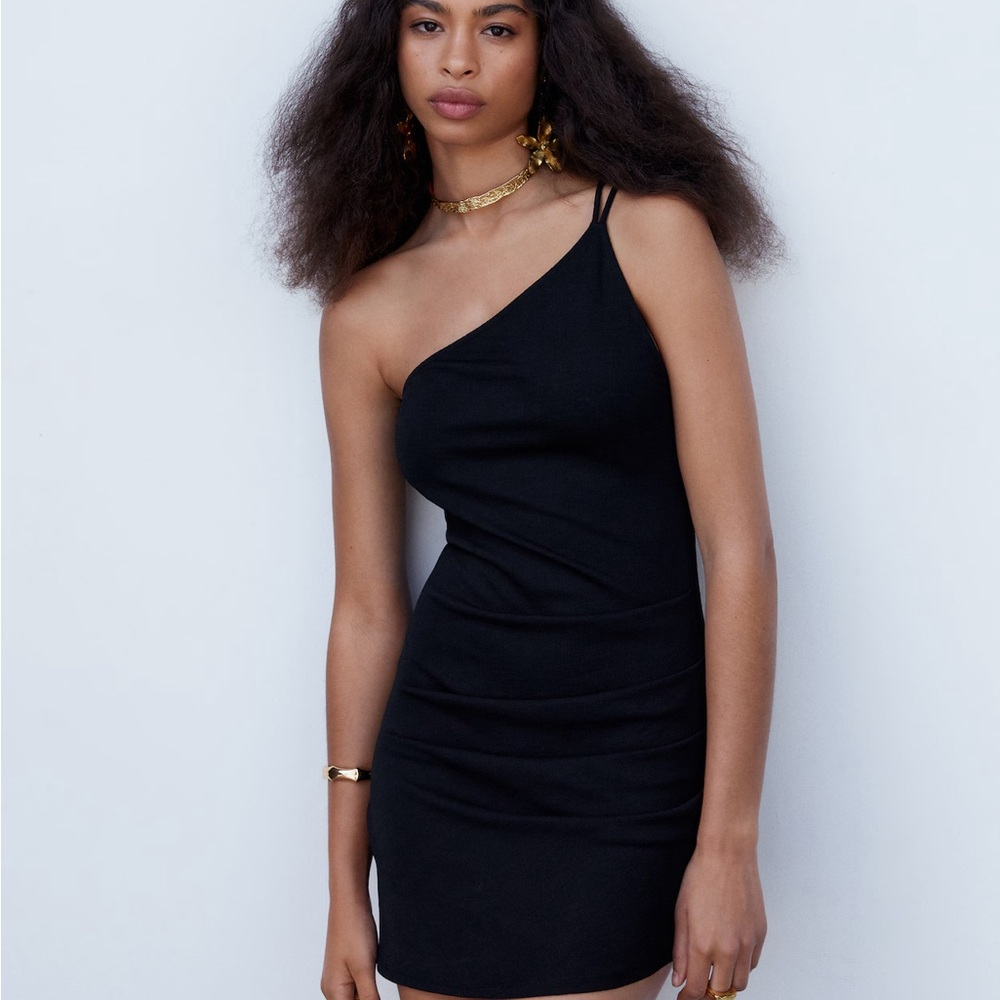 MANGO Asymmetrical Black One-Shoulder Dress